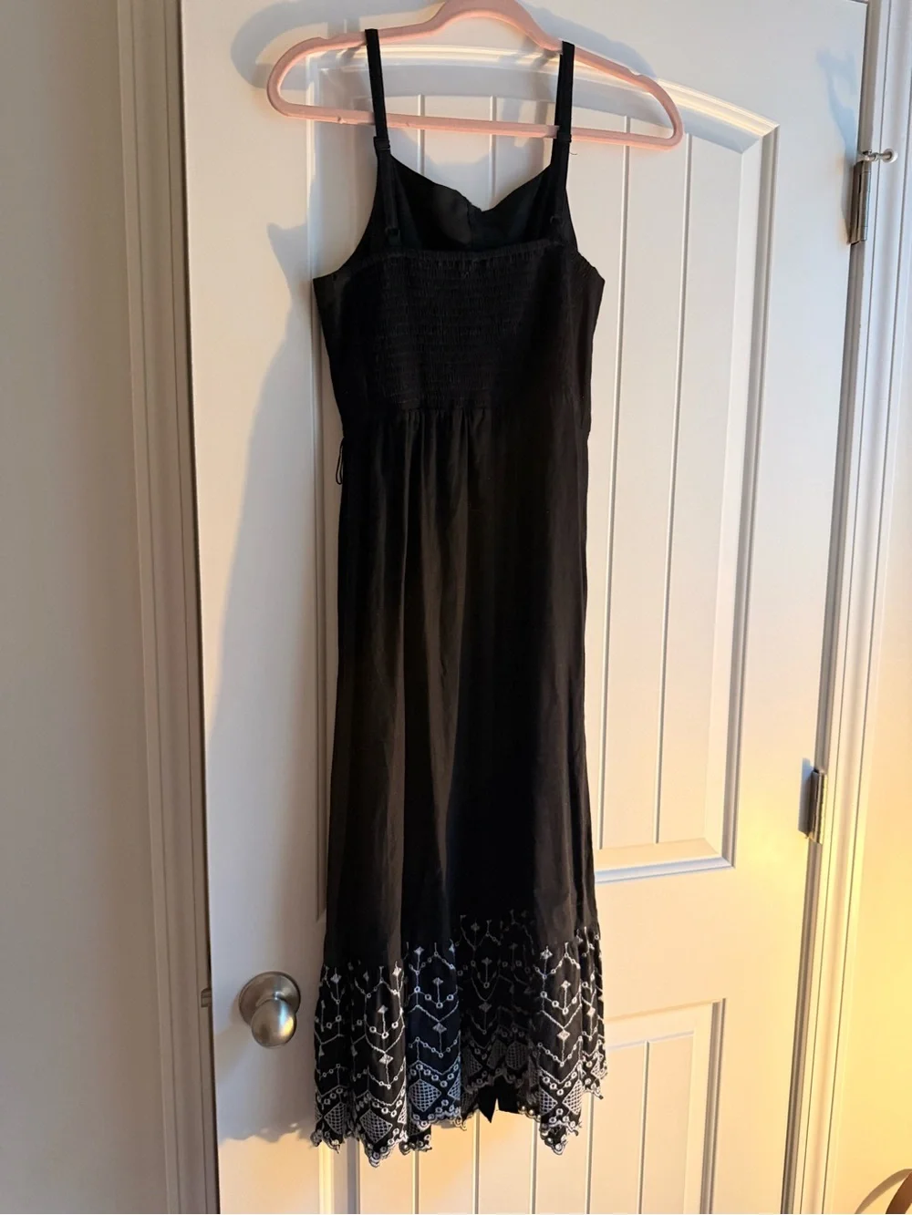 Old Navy Black Button-Front Midi Dress with White Embroidered Hem